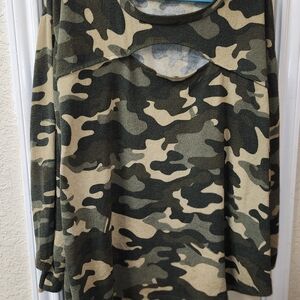Absolutely Famous Green and Cream Camo Top With Cutout